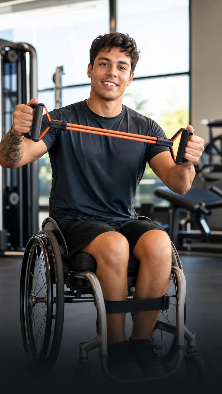 Criador cadeirante demonstrando um acessório de treino