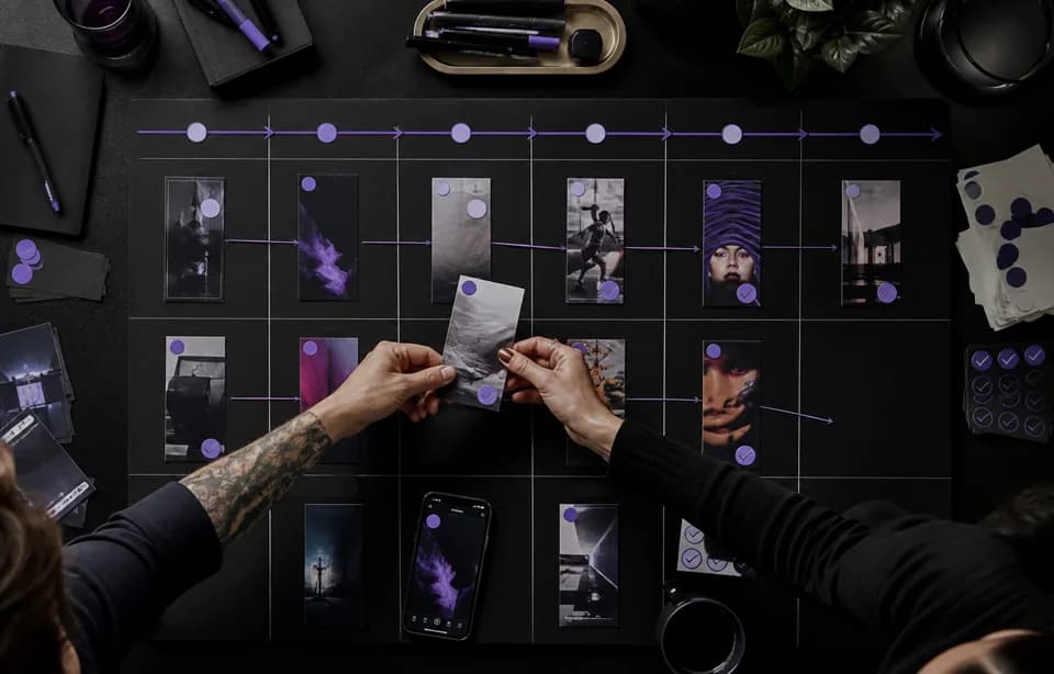Calendário visual de campanha com peças em aprovação e publicação